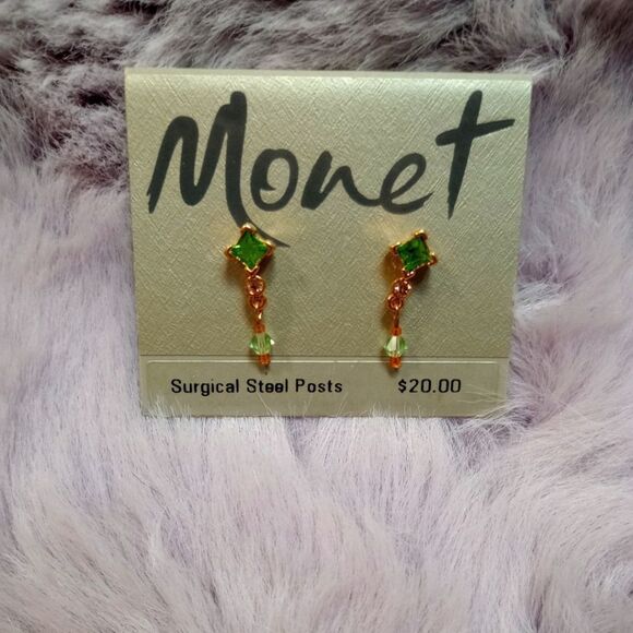 MONET Green Peridot Post and Dangle Earrings - New with Tags (NWT) - Picture 1 of 2